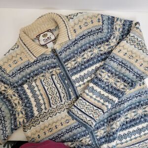 Tiara International VTG 2001 Womens Full Zip Blue/Beige Long Sleeve Sweater M